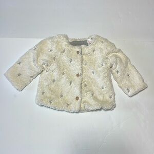 Zara Mini - faux fur jacket - oat with gray embroidery- size 9/12  months
